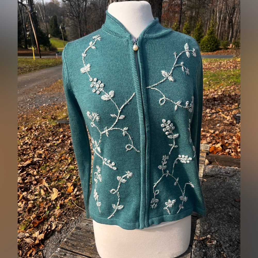 THE TOG SHOP GREEN ZIP UP CARDIGAN WOMENS PS